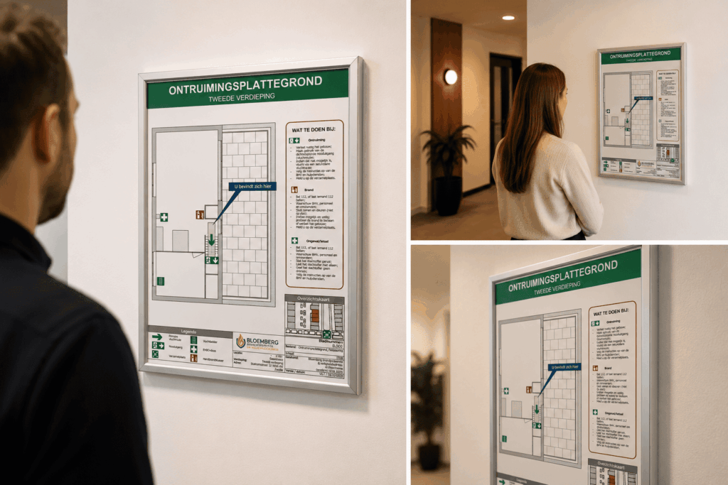 Ontruimingsplattegrond voorbeeld in een kantooromgeving, met personen die de plattegrond bestuderen